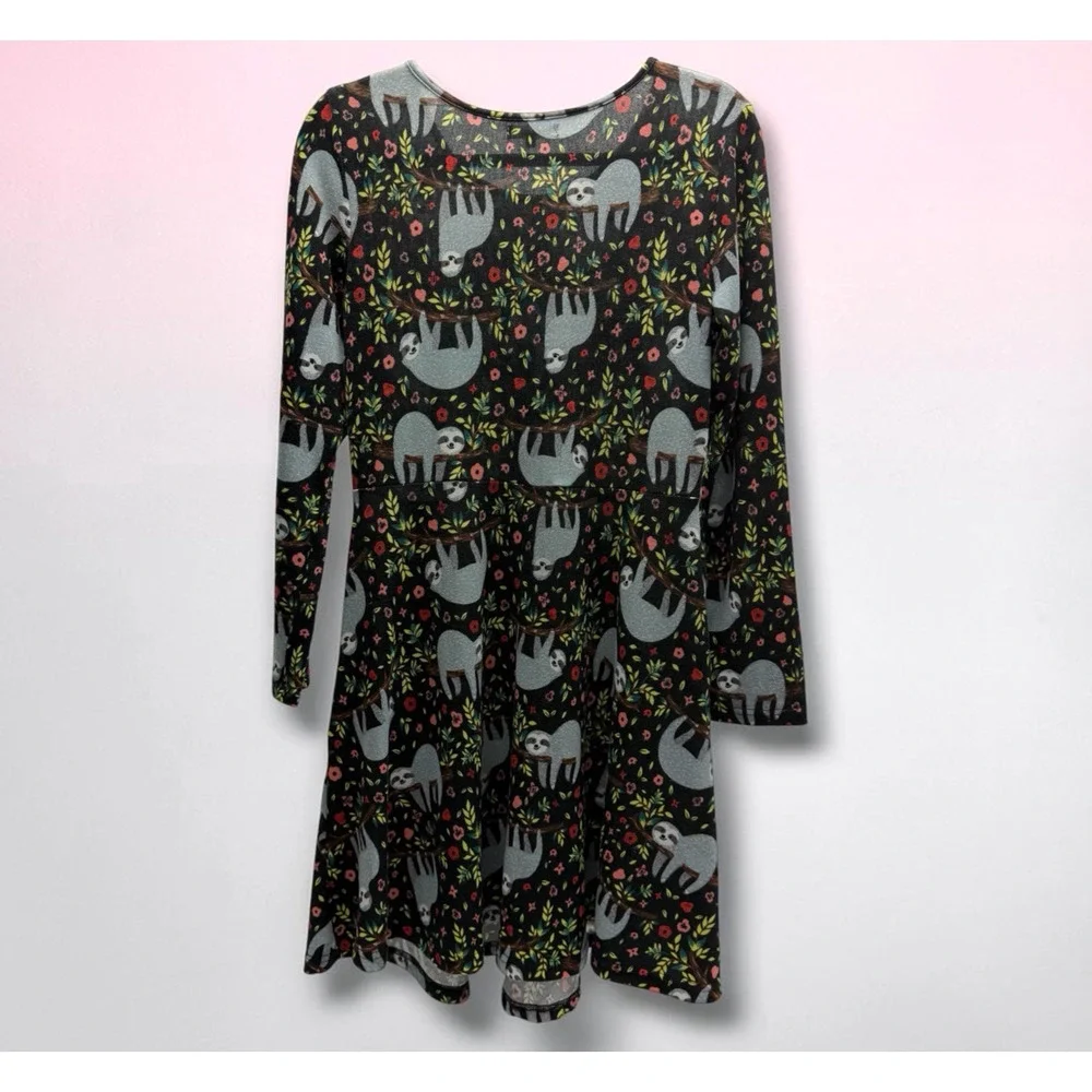 L.A Soul Sloth Dress Women's M Black Long Sleeve Fit & Flare Novelty Print